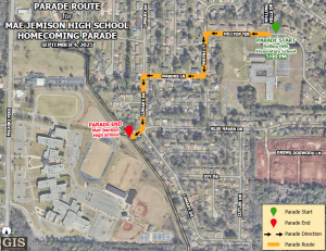 Map for the 2025 Mae Jemison High School Homecoming Parade
