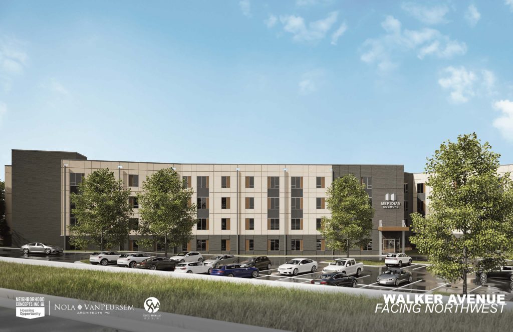 Schematic rendering of a gray and white apartment complex building surrounded by trees and cars in a parking lot