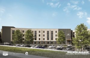 Schematic rendering of a gray and white apartment complex building surrounded by trees and cars in a parking lot