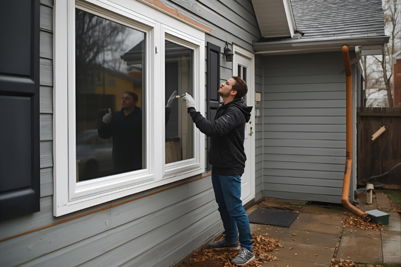 man stands outside his house inspecting his windows to make sure they are properly sealed for the winter months