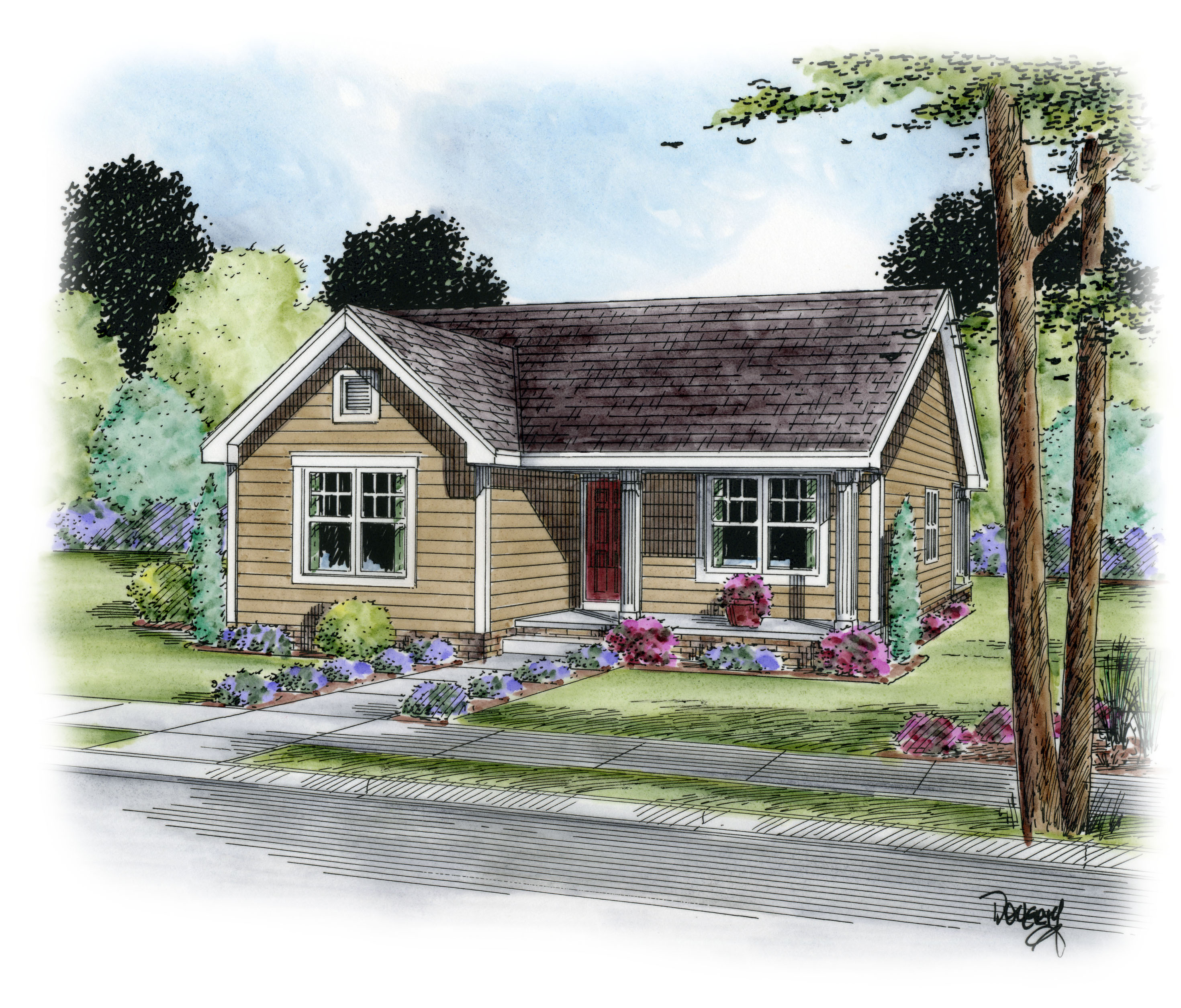 Artistic rendering of a single family home with tan siding and trees behind it