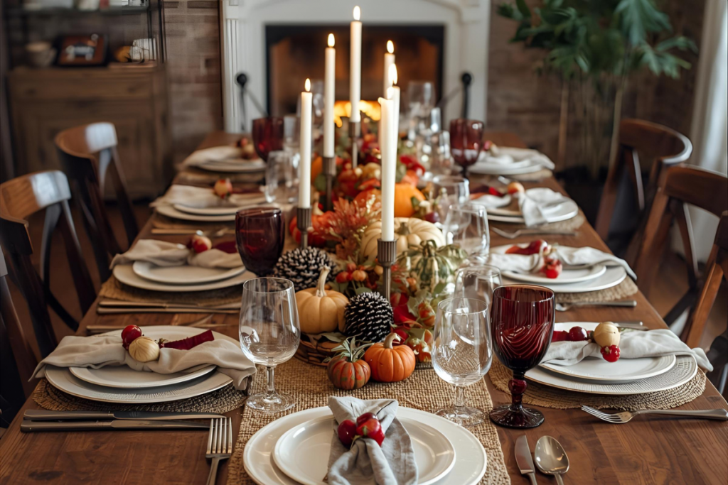 A wood dining table is nicely decorated for Thankstgiving with white plates and gray napkings, as well as dozens of small pumpkins, pinecones of all sizes and white, tall candles.
