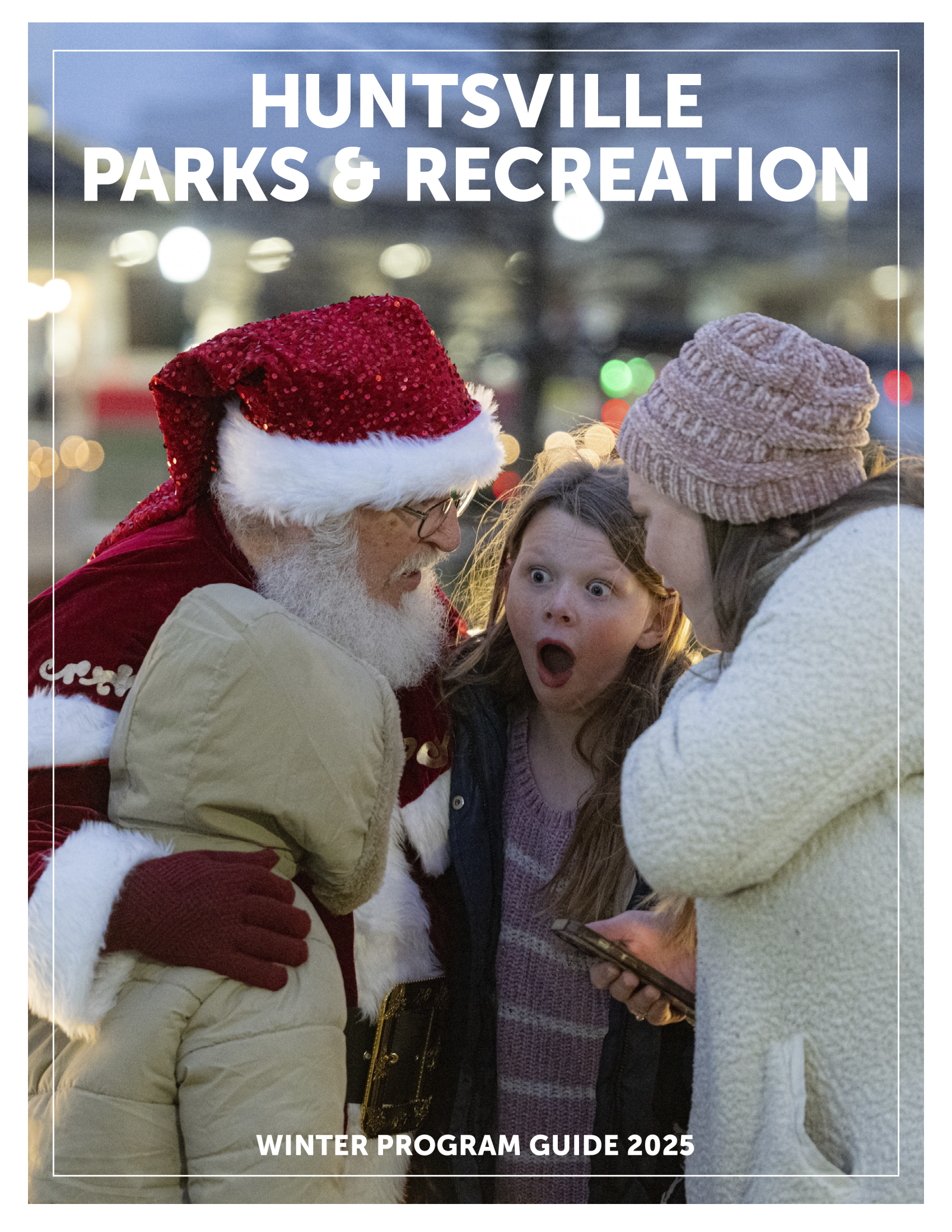 Two children talking with their mther and Santa Claus in front of Christmas trees outside in Big Spring Park