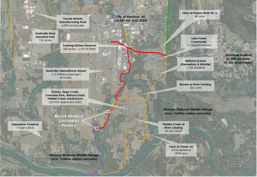 Map depicting Miller Branch Greenway improvements