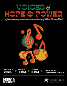 Digital flyer with black background and orange, yellow and green music notes promoting the Voices of Hope & Power, a free community choral concert celebrating Black History Month