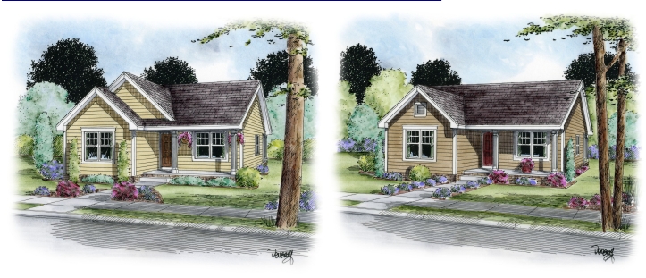 Digital artistic rendering of a three bedroom house surrounded by trees