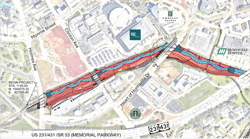 map with red line highlighting improvements on pinhook creek