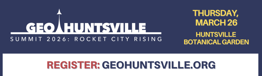 A blue and white graphic announcing registration information for the 2026 GEOHuntsville Summit March 26, 2026 at the Huntsville Botanical Garden