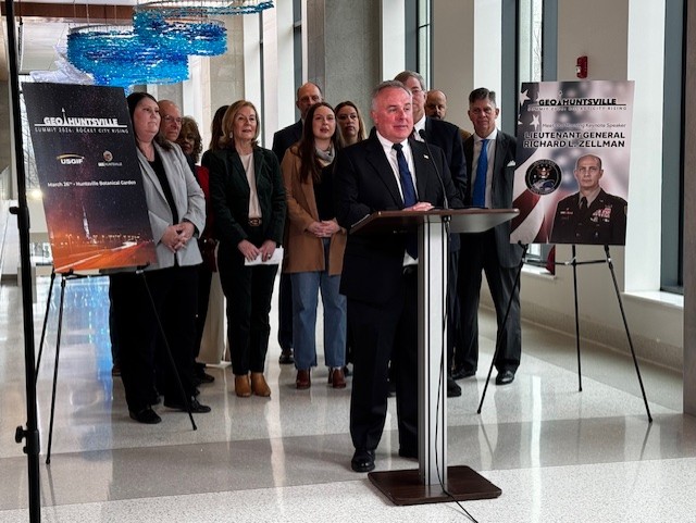 Stan Tillman and the board of directors of GEOHuntsville host a news conference announcing the 2026 GEOHuntsville Summit keynote speakers.