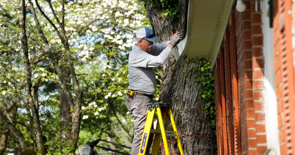 A person on a yellow ladder works on the side of a brick house, next to a large tree with white blossoms.