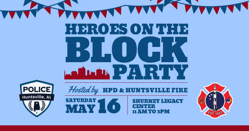 blue and red graphic for Heroes on the Block community party