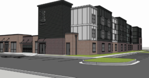 A digital rendering of a modern building with a mix of brick, dark siding, and white paneling, featuring multiple windows and a prominent vertical sign with oval shapes and text.