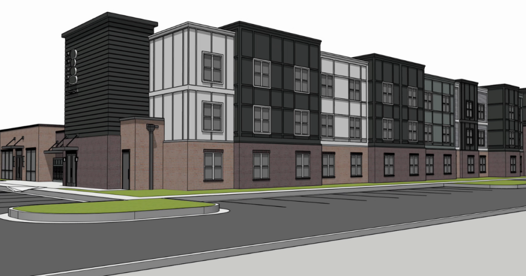 A digital rendering of a modern building with a dark gray, ribbed tower section and multi-story sections featuring dark gray and white paneling with numerous square windows. The lower level is brick with some windows and entrances with a parking lot.