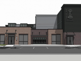 A digital rendering of a modern building with brick and dark siding, featuring large windows and a prominent sign that reads "NEW STONE COMMONS."