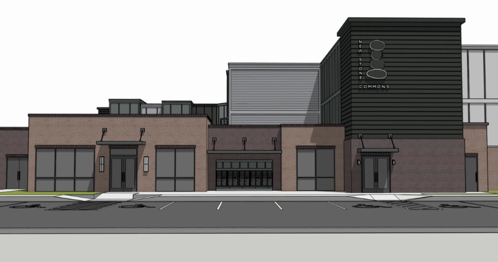A digital rendering of a modern building with brick and dark siding, featuring large windows and a prominent sign that reads "NEW STONE COMMONS."