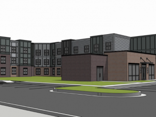 A digital rendering of a multi-story building with a brick base and upper levels featuring dark siding and large windows, with a parking lot in the foreground.