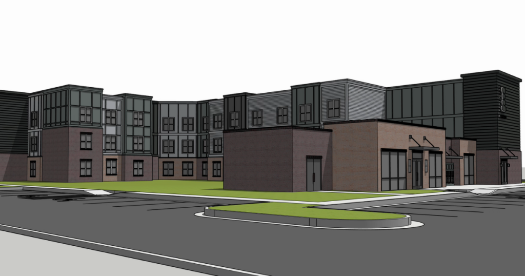 A digital rendering of a multi-story building with a brick base and upper levels featuring dark siding and large windows, with a parking lot in the foreground.