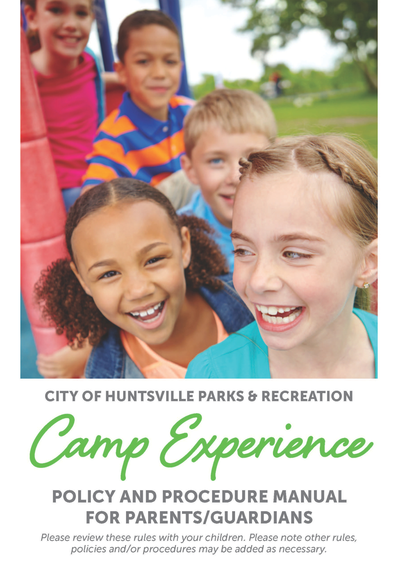 A group of children smiling and laughing on a playground, with text indicating "City of Huntsville Parks & Recreation Camp Experience Policy and Procedure Manual for Parents/Guardians."