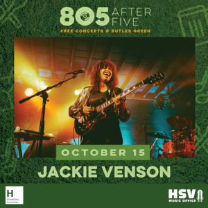 Jackie Venson performs on stage with a guitar, with "805 After Five Free Concerts @ Butler Green" and "October 15" text visible.