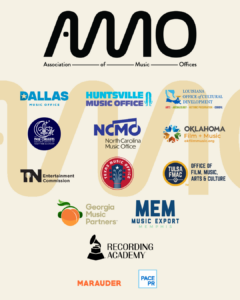 Graphic showing the Association of Music Offices (AMO) logo above a collection of founding member logos, including Dallas Music Office, Huntsville Music Office, Louisiana Office of Cultural Development, New Orleans Mayor’s Office of Nighttime Economy, North Carolina Music Office, Oklahoma Film + Music, Tennessee Entertainment Commission, Texas Music Office, Tulsa Office of Film, Music, Arts & Culture, Georgia Music Partners, Music Export Memphis, Recording Academy, Marauder, and Pace PR.