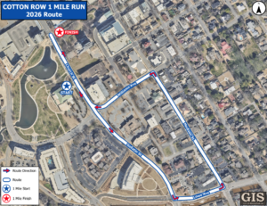 A map of the 2026 Cotton Row 1‑Mile Run route in downtown Huntsville. The course begins at a marked start point on Church Street near a park, then travels east along Williams Avenue, turns south onto Madison Street, continues west on Lowe Avenue, and then heads northwest along Gallatin Street before turning north to reach the marked finish point on Church Street. Blue lines show the route, red arrows indicate direction, and a legend in the lower-left corner explains the symbols. The map includes surrounding buildings, roads, and a GIS logo in the bottom right.