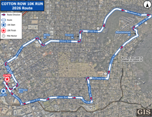 A detailed map of the 2026 Cotton Row 10K Run route in Huntsville. The course begins at the marked start point near Gallatin Street and Williams Avenue, travels east and then north along streets including Fraser Avenue, Sierra Boulevard, Carmelian Street, McClung Avenue, Owens Drive, Toll Gate Road, Mountainwood Drive, Pratt Avenue, Clinton Avenue, and White Street, and ends at a marked finish point near Jefferson Street. Blue lines mark the route, red arrows show direction, and numbered circles indicate mile markers. A note on the map instructs runners to stay east of the median on Owens Drive. A legend in the lower-left corner explains symbols, and a GIS logo appears in the bottom right.