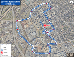 A detailed map shows the 2026 Cotton Row 5K Run route in downtown Huntsville. The course begins at a marked start point near Church Street and Williams Avenue, follows a winding path through city streets including Gallatin Street, Lowe Avenue, Monroe Street, Heart of Huntsville Drive, Woodson Street, Holmes Avenue, Greene Street, Jefferson Street, and Madison Street, and ends at a marked finish point near Church Street. Blue lines indicate the route, red arrows show direction, and numbered circles mark mile markers. A legend in the lower-left corner explains the symbols, and a GIS logo for the City of Huntsville appears in the bottom right.
