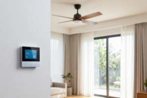 The interior of a home with ah close up of a smart thermostat and ceiling fan, with the curtains closed to block most of the sun