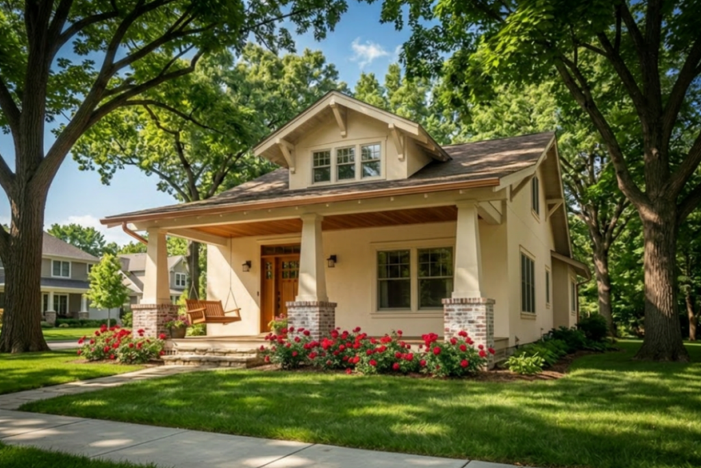 The outside of a home that is shaded by large trees to keep most of the sun a bay