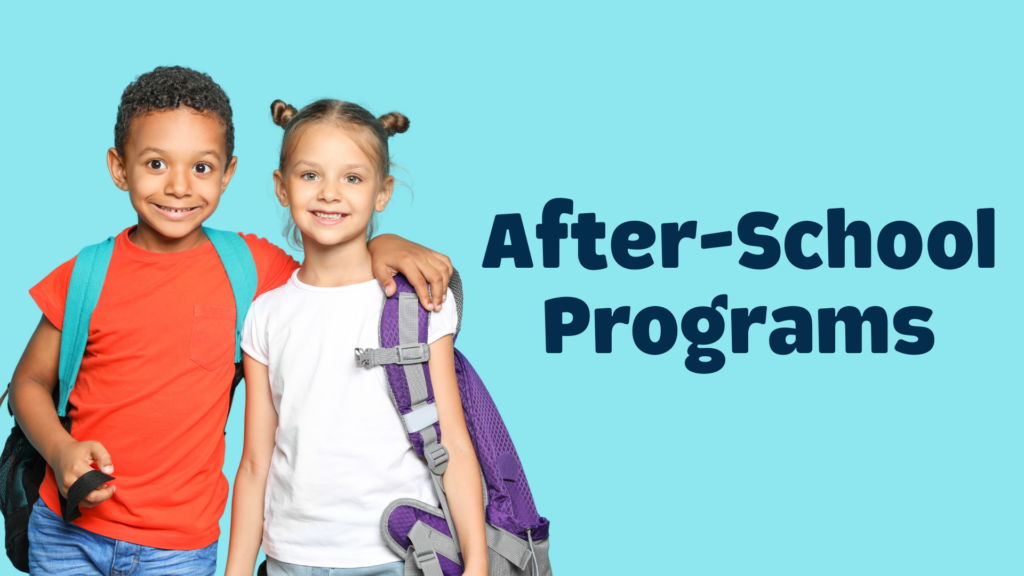 Two children wearing backpacks smiling set on a plain light blue background. Text next to the children reads, "After-School Programs"