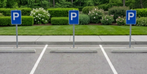 Private Parking Ordinance_06.11.2026 Three parking spaces and green grass and shrubs and white flower bushes.