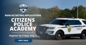 Promotional graphic for the Huntsville, Alabama Police Department’s Citizens Police Academy. The left side features the department’s badge and bold text stating ‘Now Accepting Applications’ and ‘Citizens Police Academy,’ along with a deadline to register by Friday, Aug. 7 and a blue ‘Apply Now’ button. The right side shows a white police SUV parked on a paved area with traffic cones in the background and trees behind it.