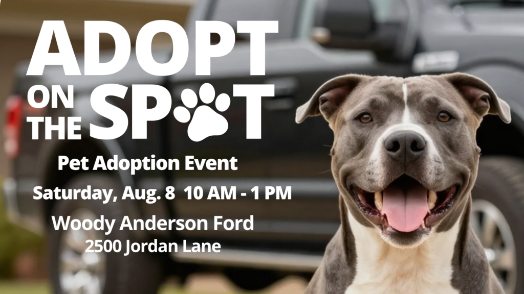 Pop-up Adoption Event graphic for an Adopt on the Spot pet adoption event at Woody Anderson Ford during National Clear the Shelter Month