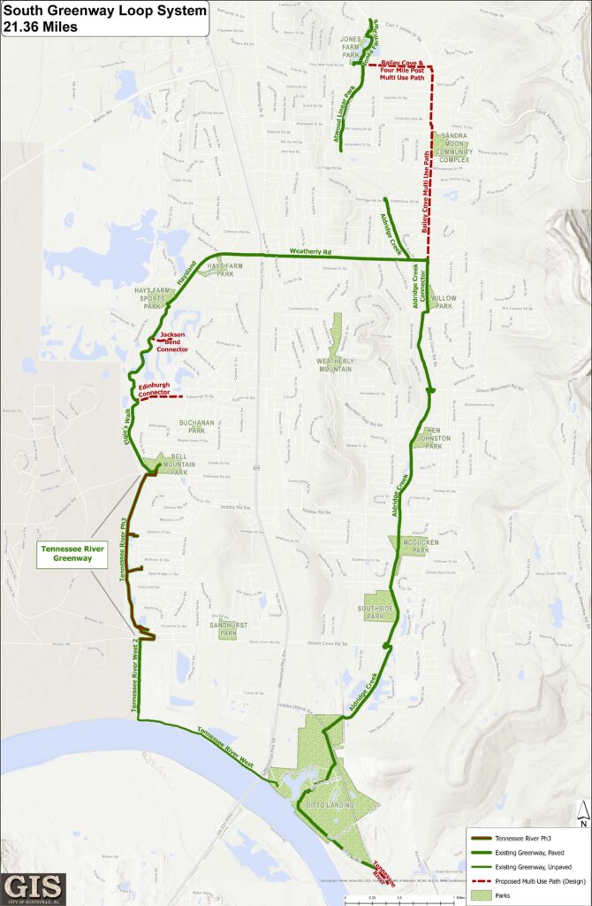 Map of the South Greenway Loop System in Huntsville showing 21.36 miles of connected greenways and proposed paths. The map highlights the Tennessee River Greenway, Weatherly Road Greenway, Aldridge Creek Greenway, Jones Farm Park area, and links to Ditto Landing.