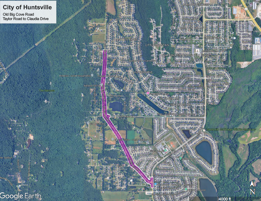 map with purple line depicting road improvements on old big cove road