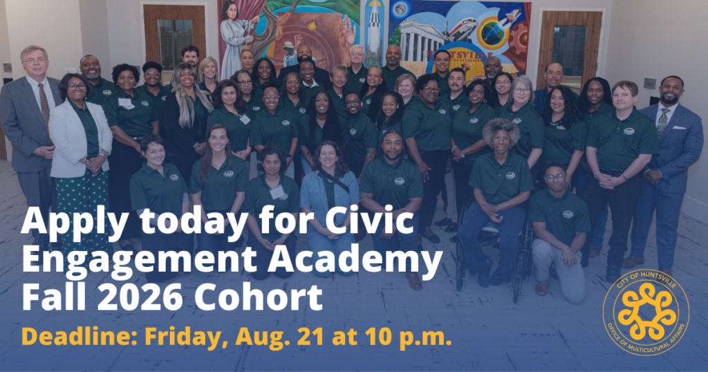 Large group cohort photo promoting application deadline for Huntsville Civic Engagement Academy