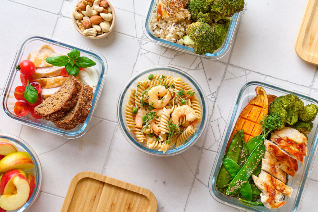 Zero Waste Week promotion graphic with glass containers and meal-prepped food