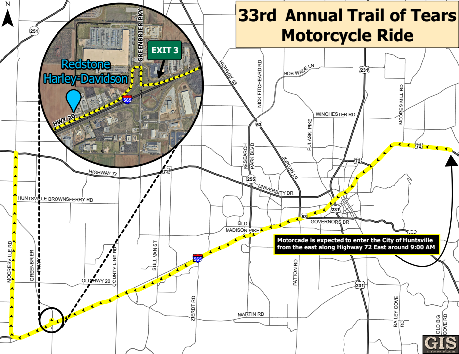 The image shows a detailed map of the 33rd Annual Trail of Tears Motorcycle Ride route, with a bold yellow dashed line marking the motorcade’s path along major roads such as Highway 72 and Mooresville Road. A circular inset in the upper left highlights the area around Redstone Harley‑Davidson and Exit 3 on I‑565, including nearby roads and landmarks. A text box notes that the motorcade is expected to enter the City of Huntsville from the east along Highway 72 East around 9:00 a.m.