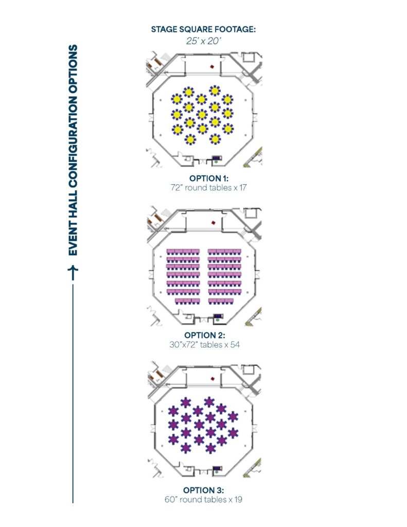 Detailed floor plans for event hall.