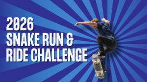 Promotional graphic for the 2026 Snake Run & Ride Challenge featuring large white text on a blue radial burst background. On the right side, a person performs a jump on a skateboard.