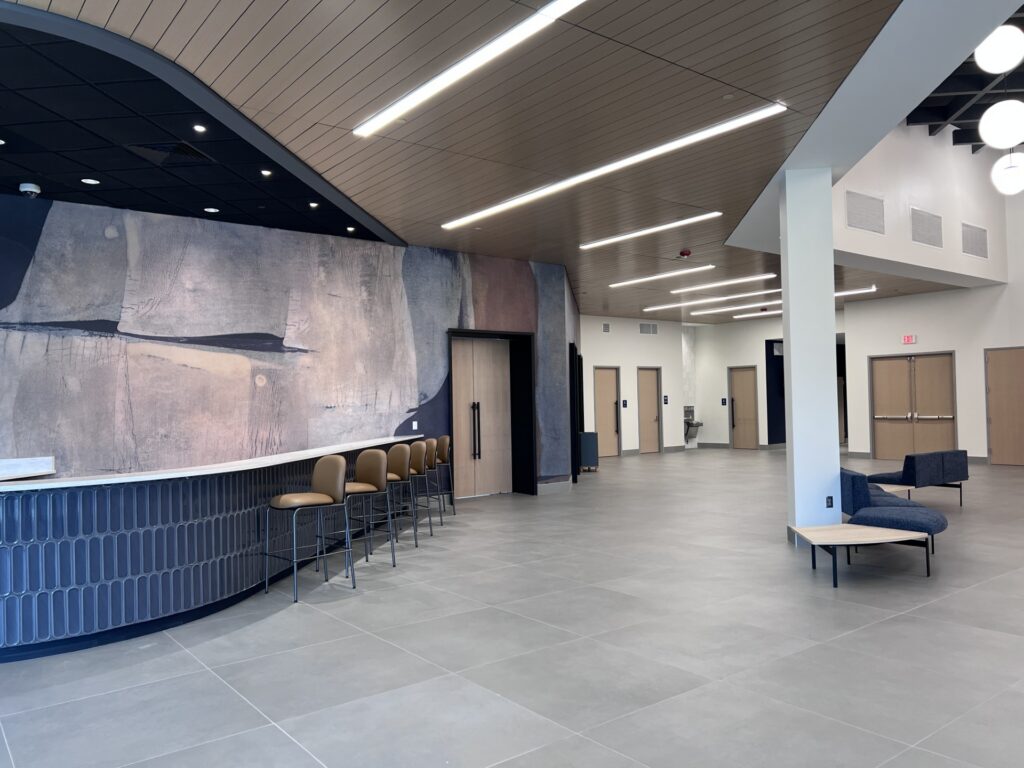 Empty lobby of the Sandra Moon Community Complex Theater lobby