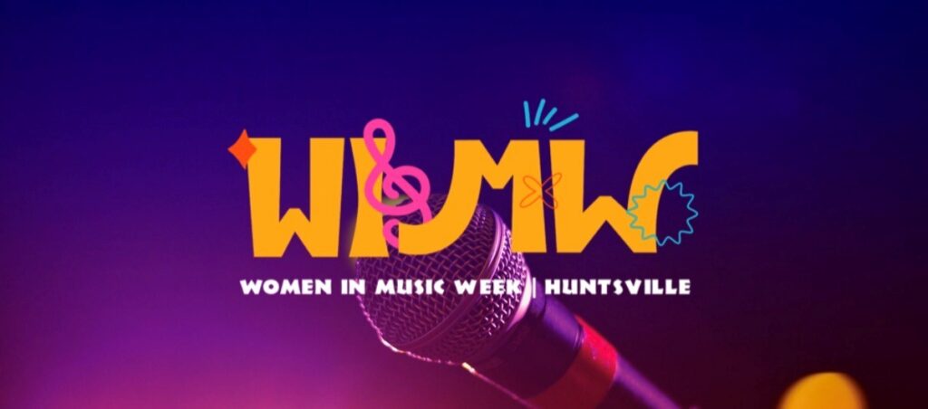 Promotional image for Women in Music Week with a microphone in the background.