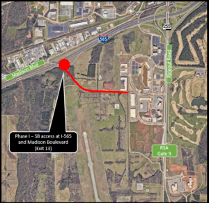 satellite photo with red line depicting first phase of Resolute Way