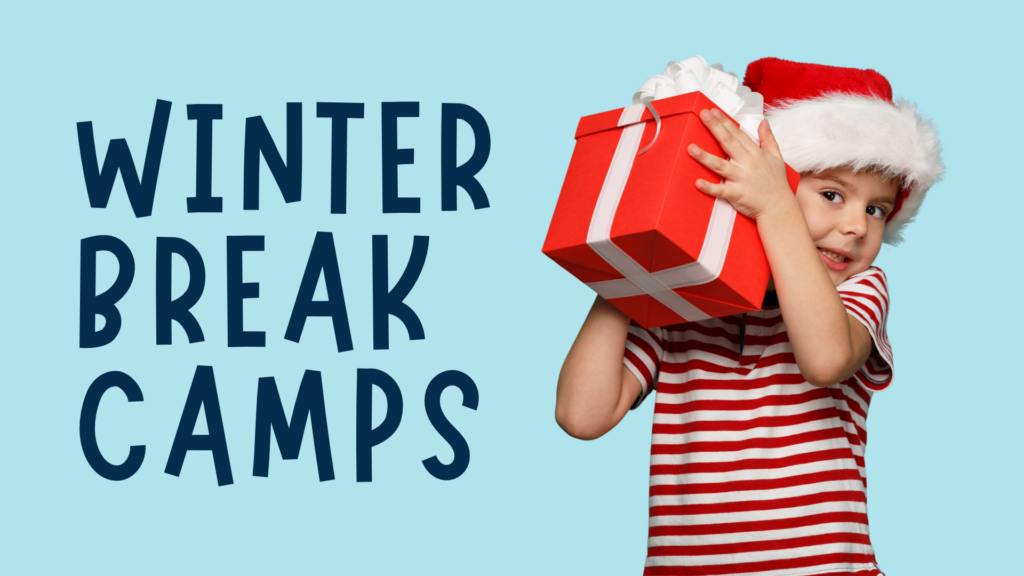 Winter Break Camps promotional graphic featuring the text “Winter Break Camps” and a child wearing a Santa hat holding a red gift box.