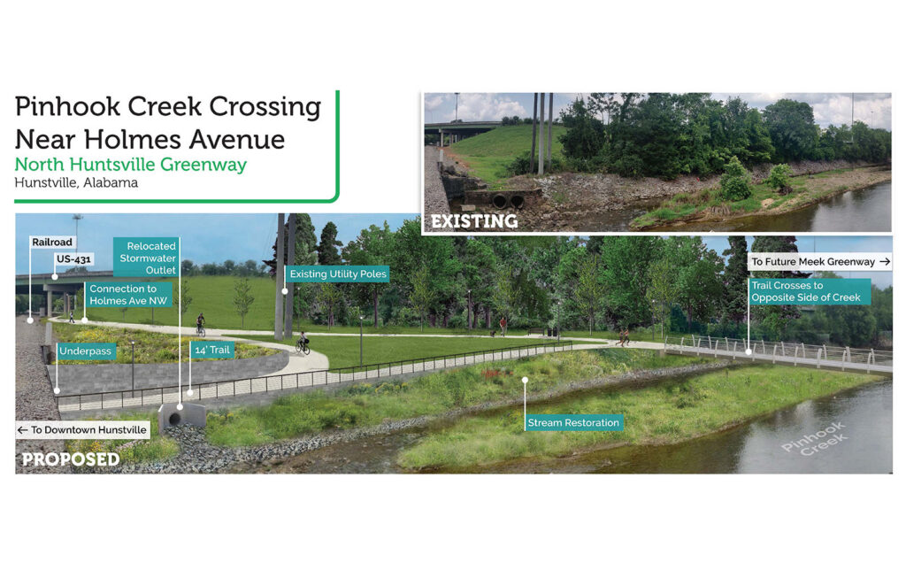 rendering of greenway and bridge over creek